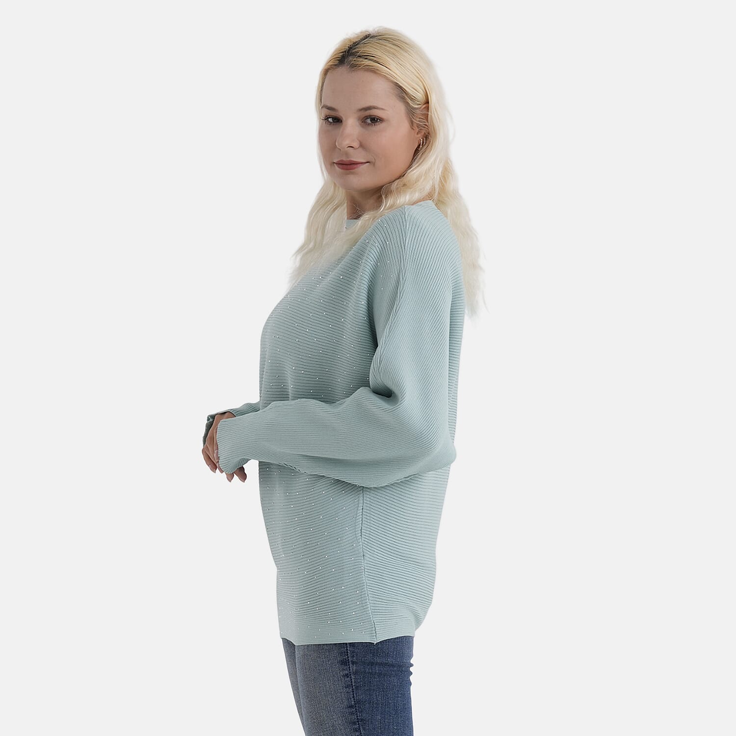 - Maisi Glam Knit Diamonte Batwing-Sleeve Jumper (One Size) - Blue