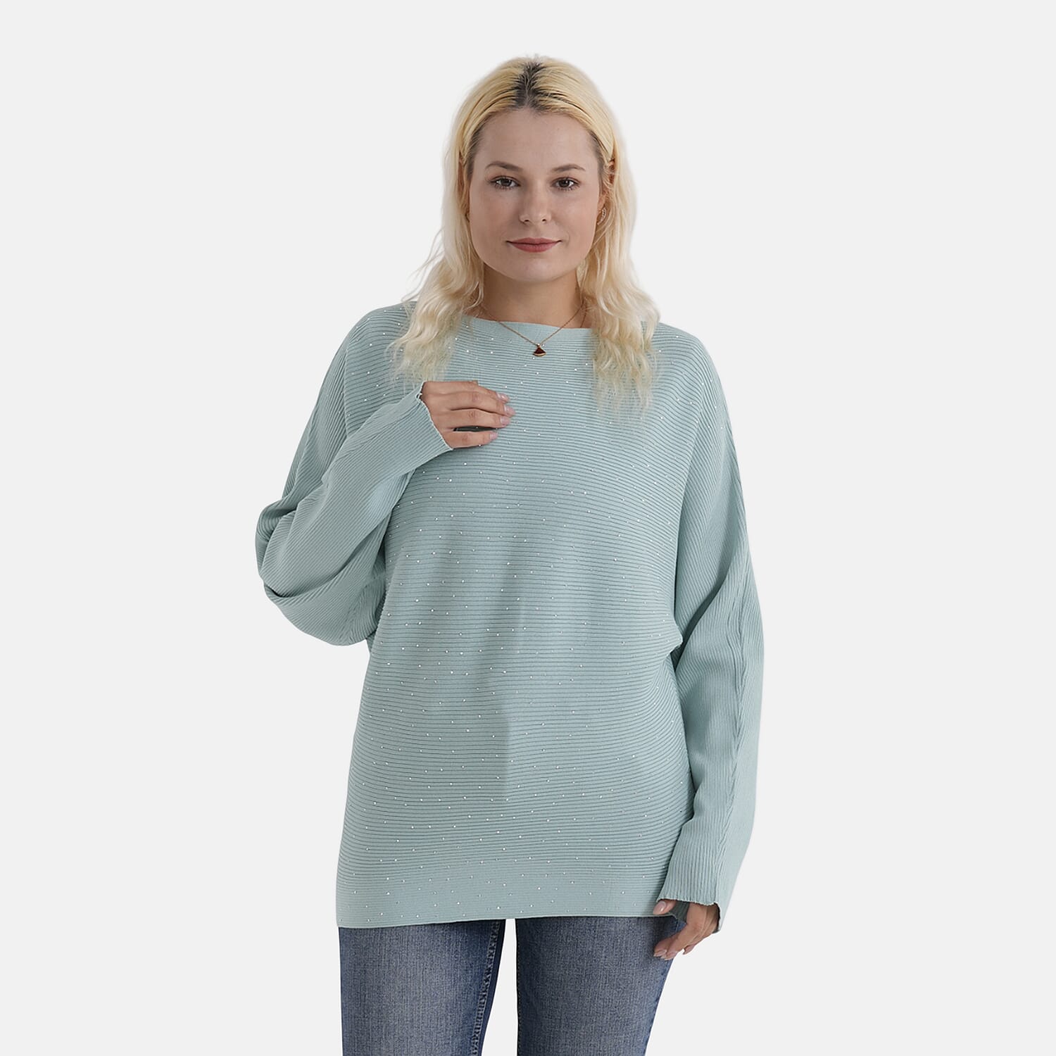 - Maisi Glam Knit Diamonte Batwing-Sleeve Jumper (One Size) - Blue