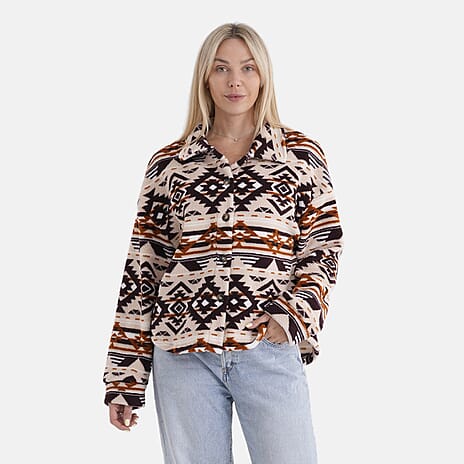 - Maisi Aztec Print Plush Teddy Coat (One Size) - Beige