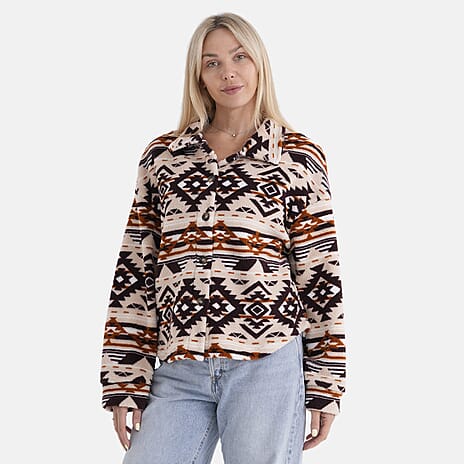 - Maisi Aztec Print Plush Teddy Coat (One Size) - Beige