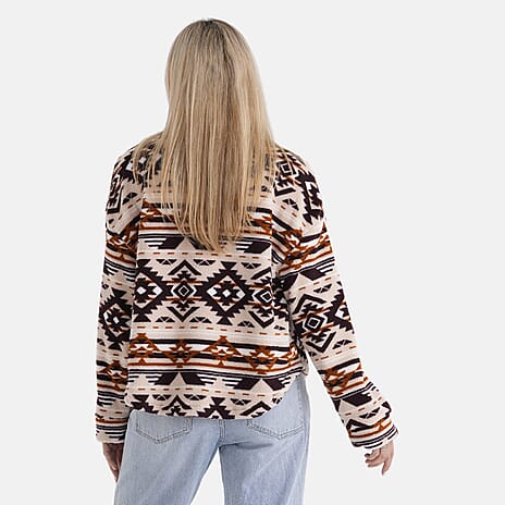 - Maisi Aztec Print Plush Teddy Coat (One Size) - Beige