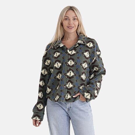 - Maisi Aztec Print Plush Teddy Coat (One Size) - Green