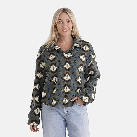 - Maisi Aztec Print Plush Teddy Coat (One Size) - Green