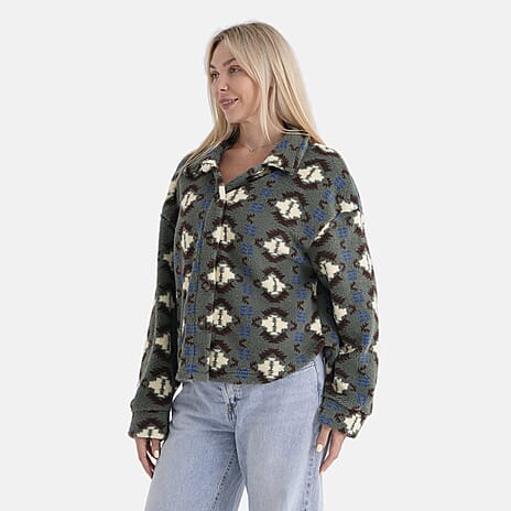 - Maisi Aztec Print Plush Teddy Coat (One Size) - Green