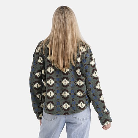 - Maisi Aztec Print Plush Teddy Coat (One Size) - Green