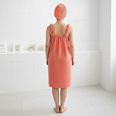 LIVMORE 2-Piece Wearable Bath Towel with Pocket & Matching Hair Towel Wrap (140 x 82cm) - Pink