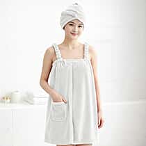 LIVMORE 2-Piece Wearable Bath Towel with Pocket & Matching Hair Towel Wrap (140 x 82cm) - White