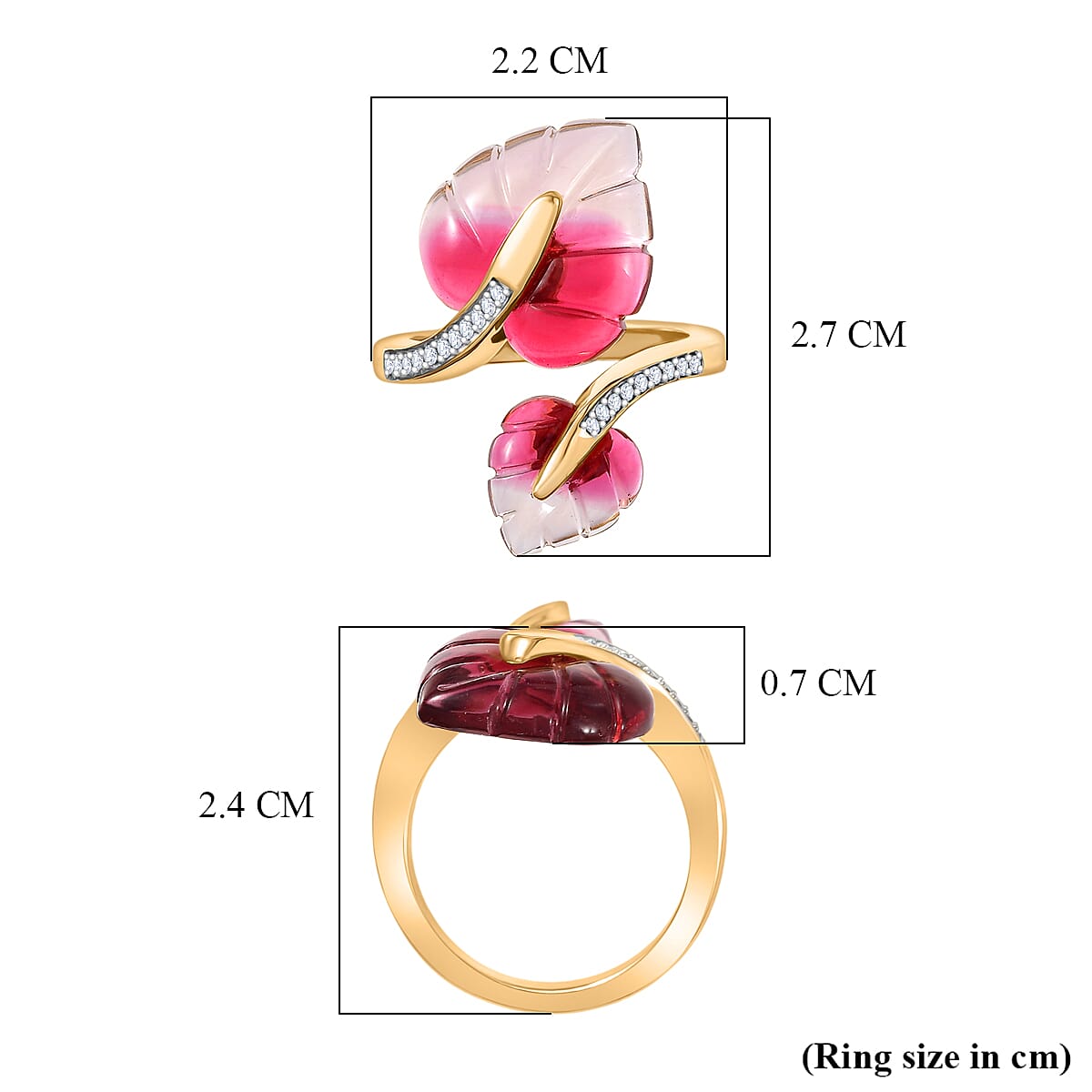 GP Pink Bi Color Glass, White Zircon, Kanchanaburi Blue Sapphire Bypass Ring in 18K YG VermeilSterling Silver  7.215  Ct.