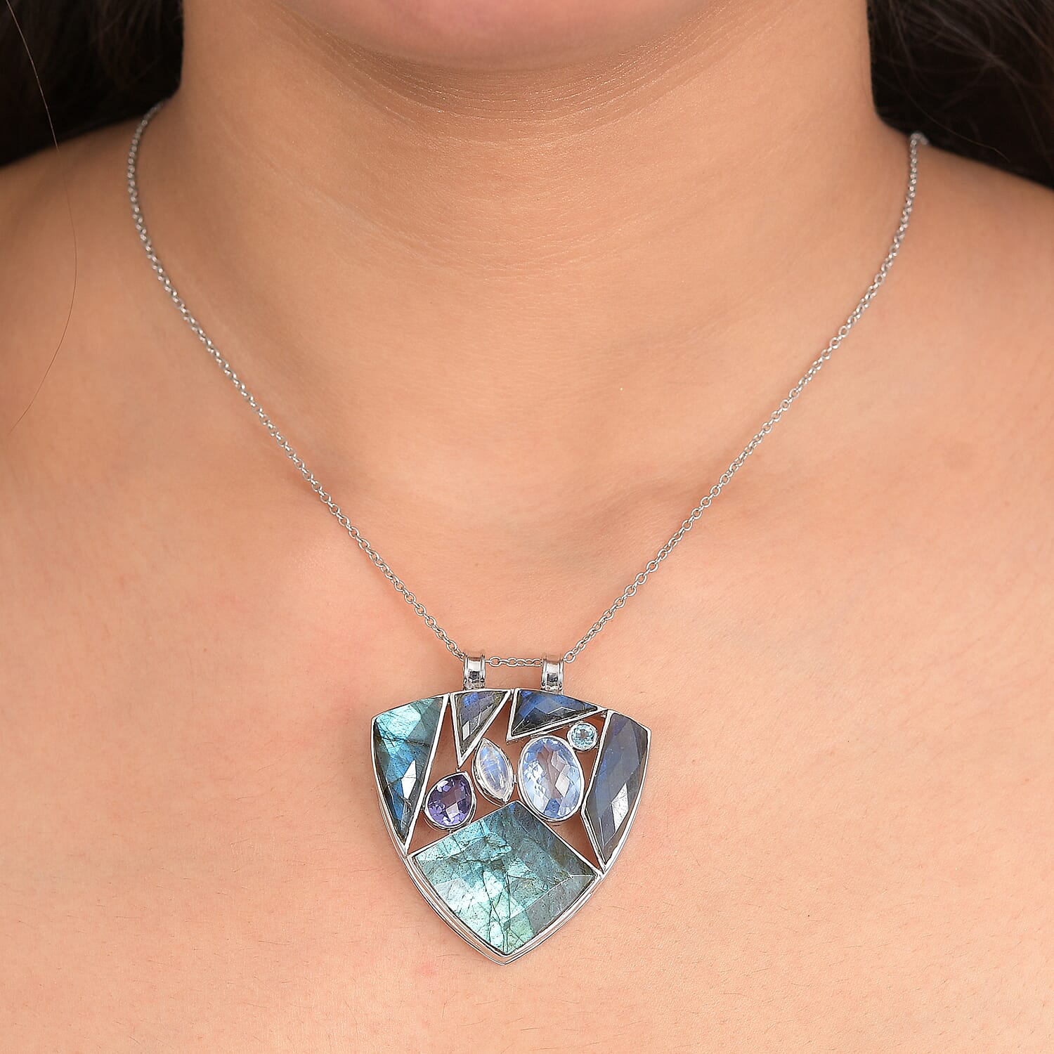 Sajen Silver-  Labradorite & Multi Gemstones Pendant in Rhodium Overlay Sterling Silver 28.90 Ct