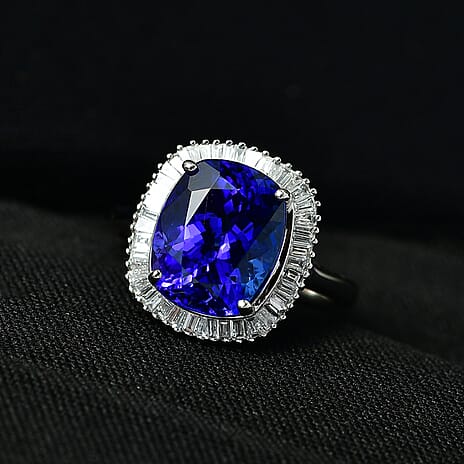 RHAPSODY 950 Platinum AAAA Tanzanite and Natural Diamond (VS-E-F) Cushion Cut Halo Ring 4.62 Ct, Platinum Wt. 6.03 Gms