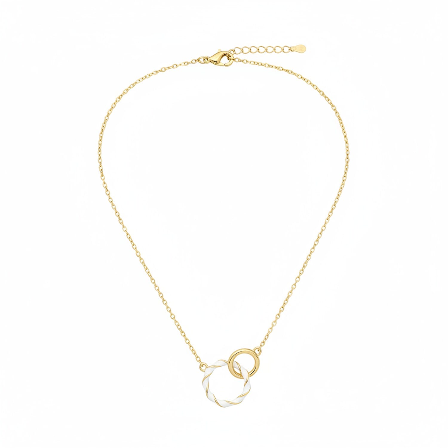 Sterling Silver 2 Ring White Enamelled Necklace (Size 17 - 1 Ext) in Yellow Gold Plated