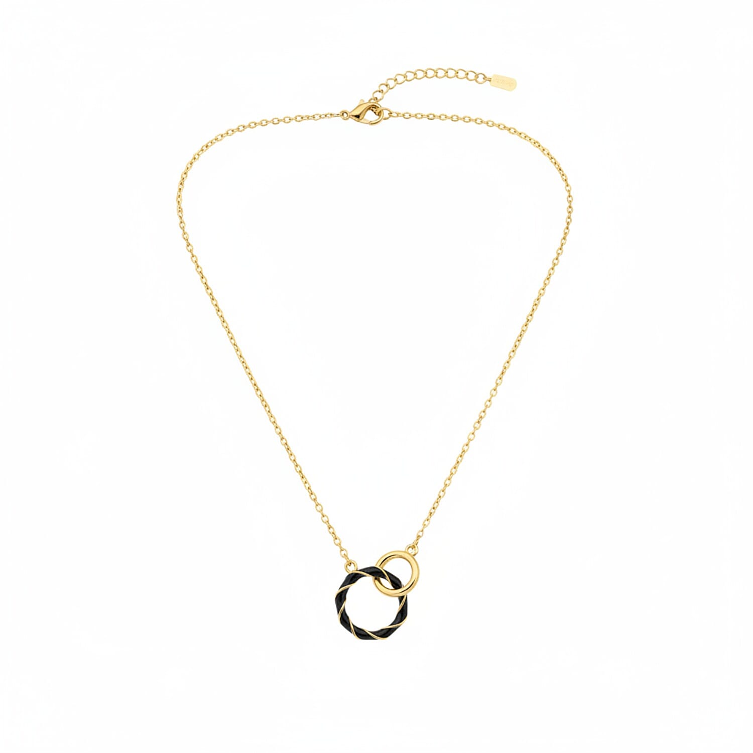 Sterling Silver 2 Ring Black Enamelled Necklace (Size 17 - 1 Ext) in Yellow Gold Plated