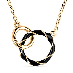 Sterling Silver 2 Ring Black Enamelled Necklace (Size 17 - 1 Ext) in Yellow Gold Plated
