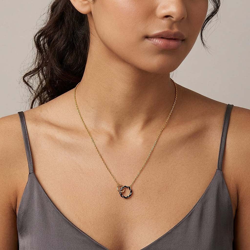 Sterling Silver 2 Ring Black Enamelled Necklace (Size 17 - 1 Ext) in Yellow Gold Plated