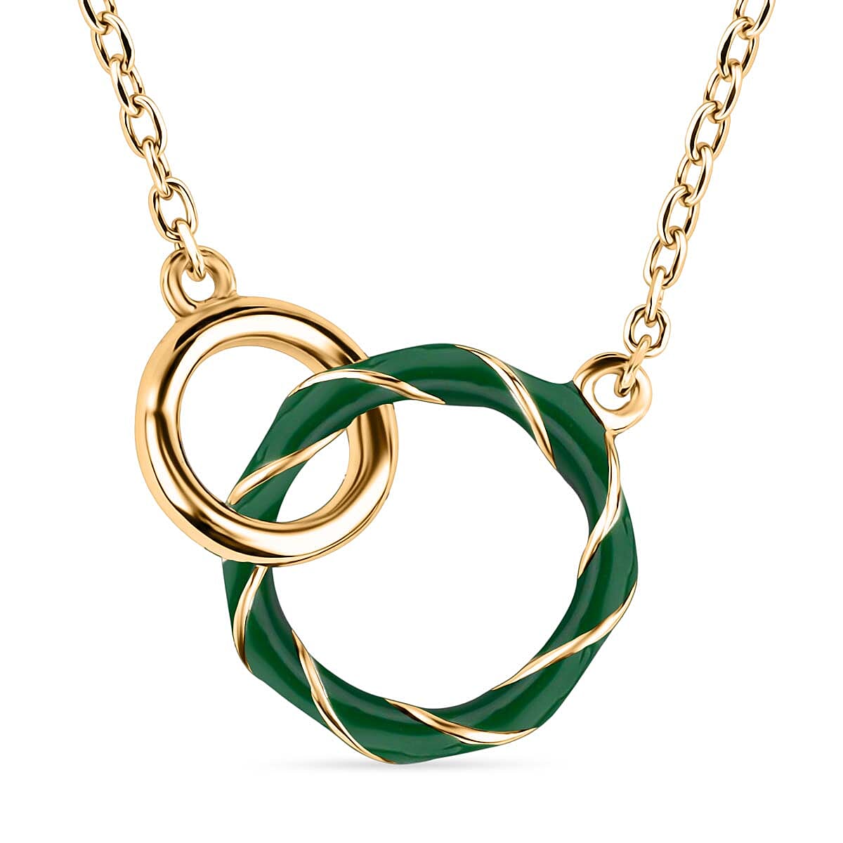 Yellow Gold Plated Sterling Silver Grnenam 2 Ring Necklace (Size 17 - 1 Ext)