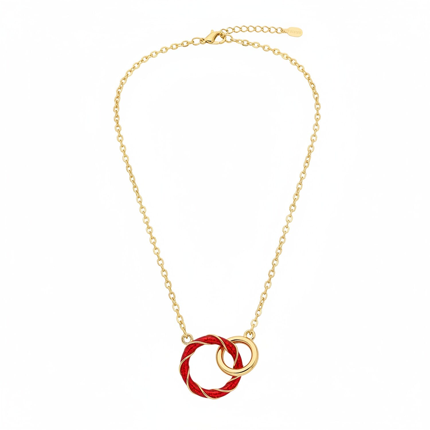 Sterling Silver 2 Ring Red Enamelled Necklace (Size 17 - 1 Ext) in Yellow Gold Plated