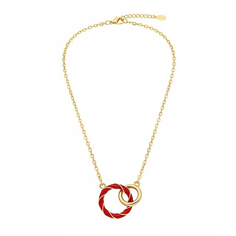 Sterling Silver 2 Ring Red Enamelled Necklace (Size 17 - 1 Ext) in Yellow Gold Plated