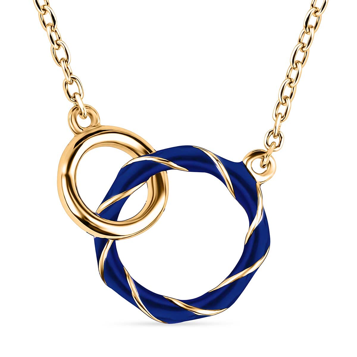 Sterling Silver Blue Enamelled Double Ring Necklace (Size 17 - 1 Ext) in Yellow Gold Plated