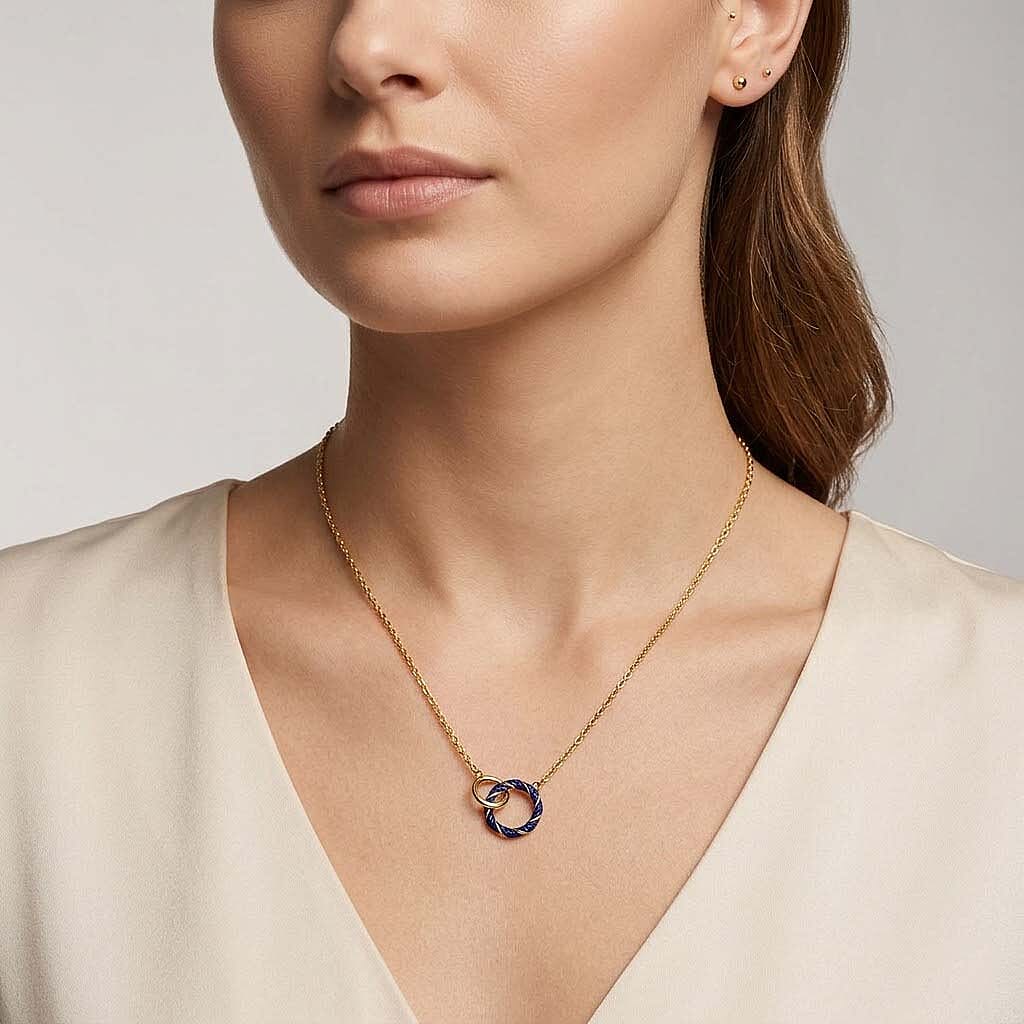 Sterling Silver Blue Enamelled Double Ring Necklace (Size 17 - 1 Ext) in Yellow Gold Plated