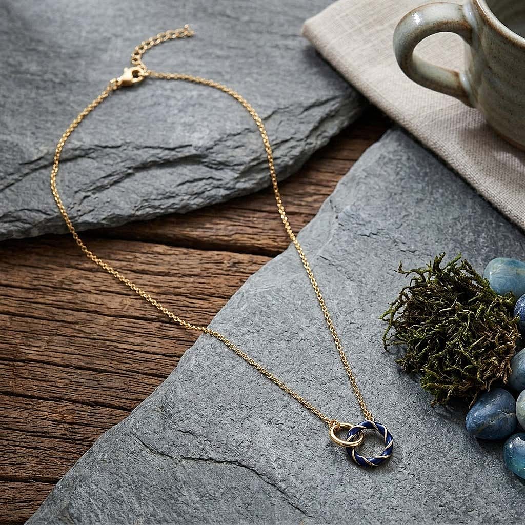 Sterling Silver Blue Enamelled Double Ring Necklace (Size 17 - 1 Ext) in Yellow Gold Plated