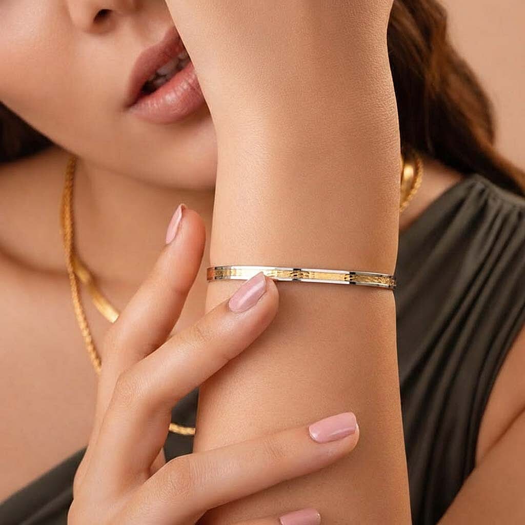 New Year Clearance Deal- 9K Yellow & White Gold Diamond Cut Bangle (Size 7.50) Gold wt 4.75 Gms.