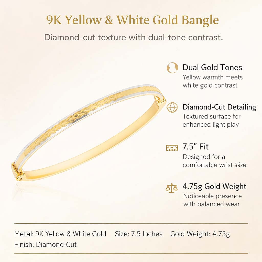 New Year Clearance Deal- 9K Yellow & White Gold Diamond Cut Bangle (Size 7.50) Gold wt 4.75 Gms.