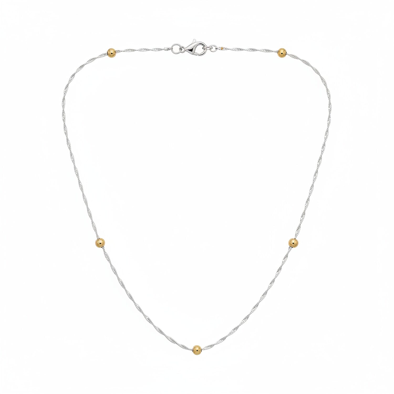 Sterling Silver Rhodium Overlay Twisted Neckalce with Gold Plated Balls (Size 18)