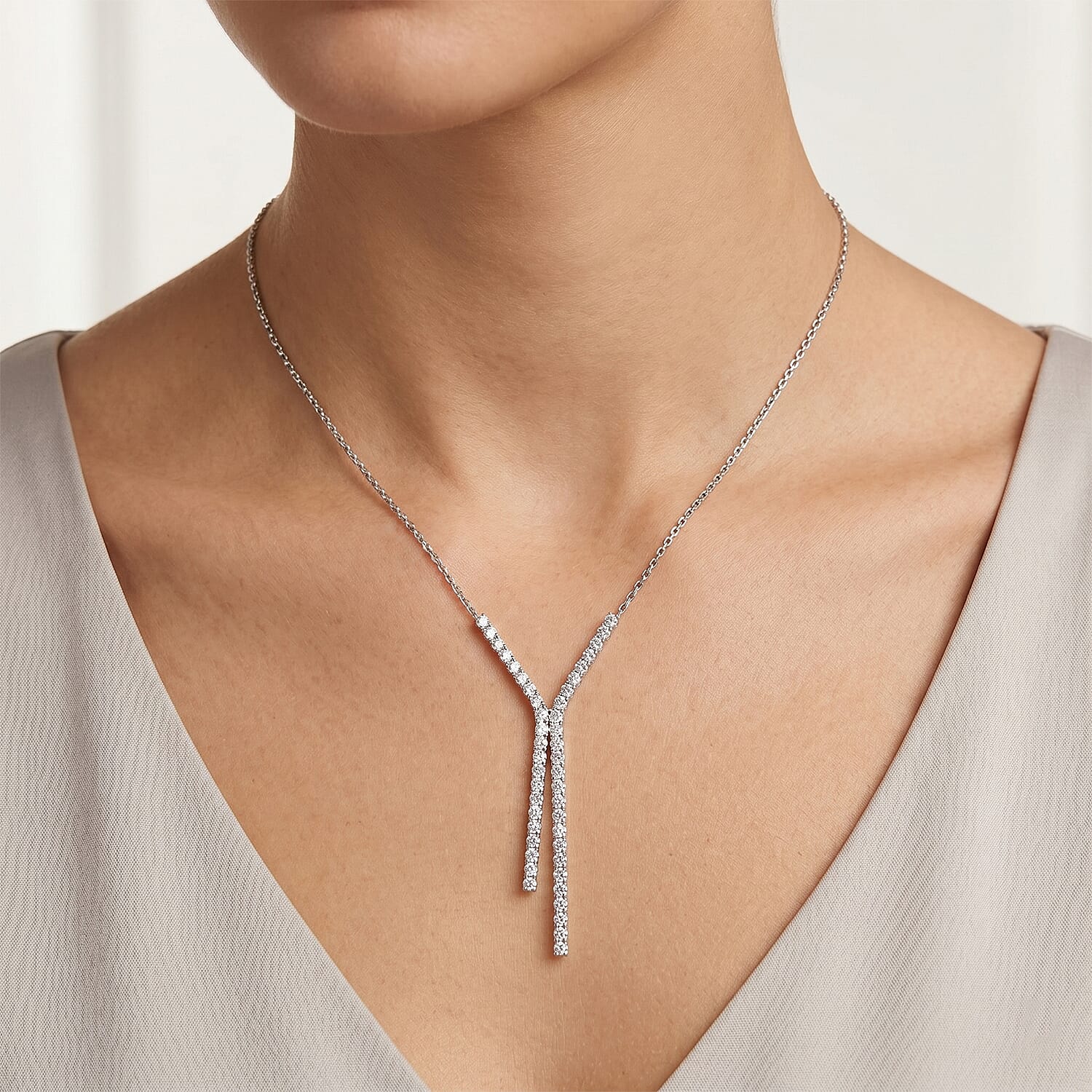 NY Designer Closeout - Rhodium Overlay Sterling Silver Cubic Zirconia Cascade Necklace (Size 16-18)