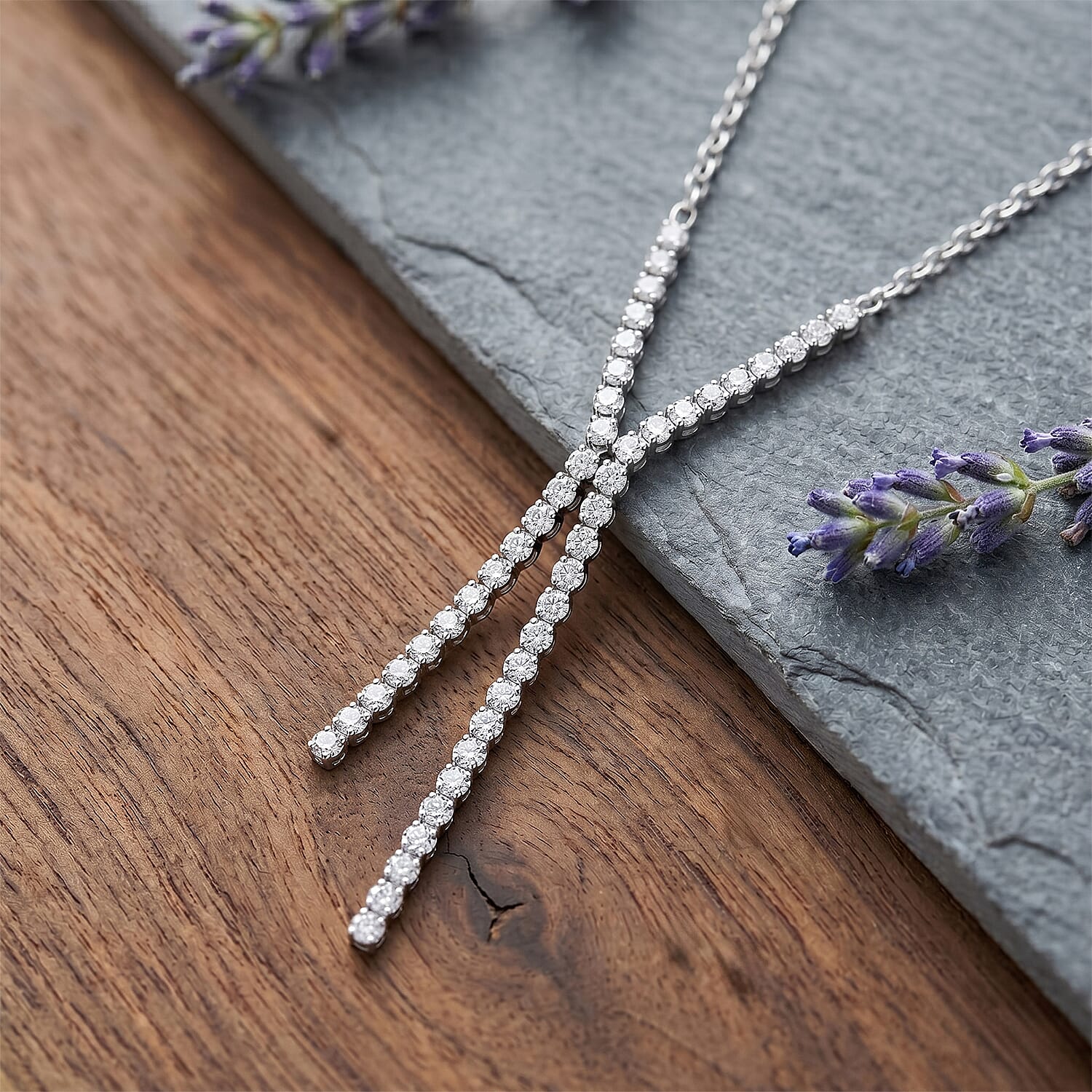 NY Designer Closeout - Rhodium Overlay Sterling Silver Cubic Zirconia Cascade Necklace (Size 16-18)