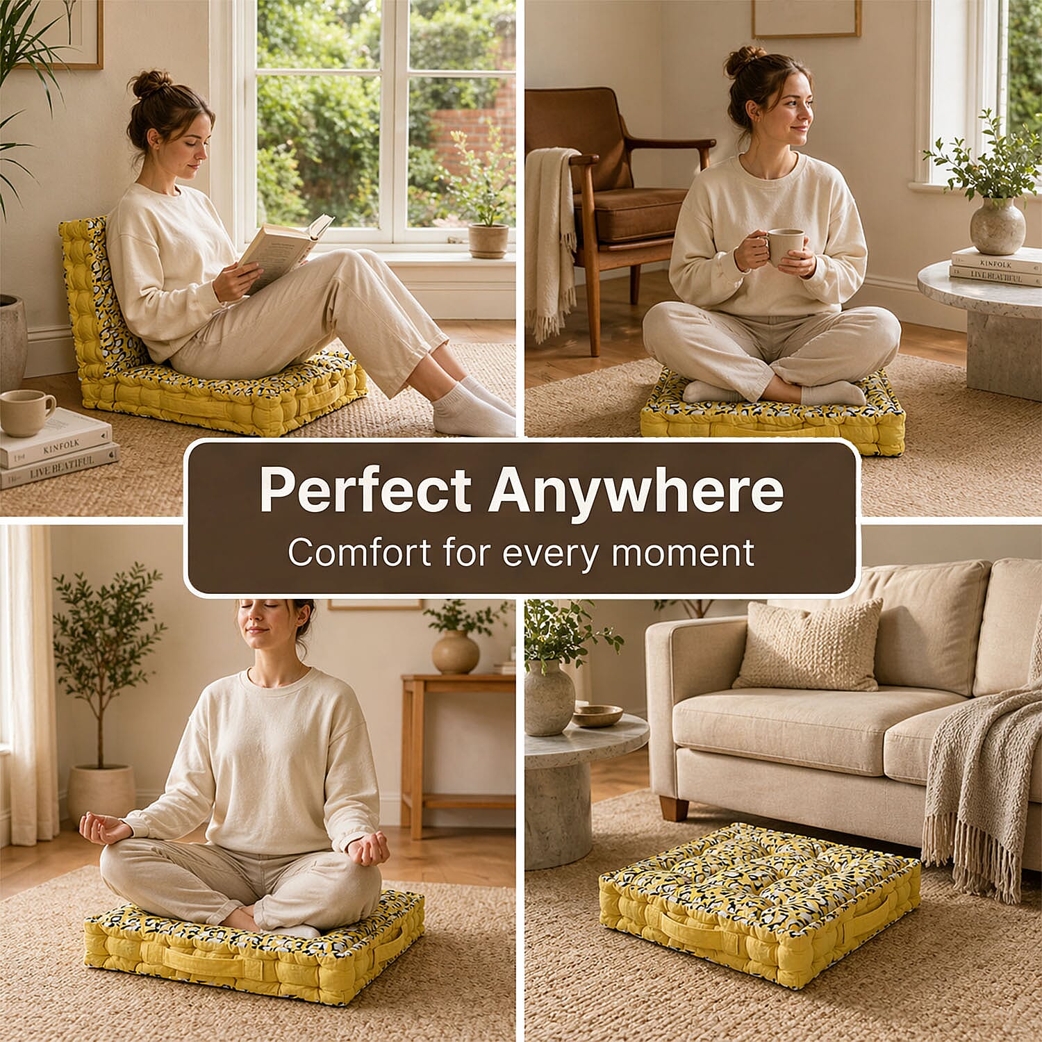 Bliss - Beyond Set of 2 Cotton Printed Floor Cushion (40x40x8 cm) - Yellow