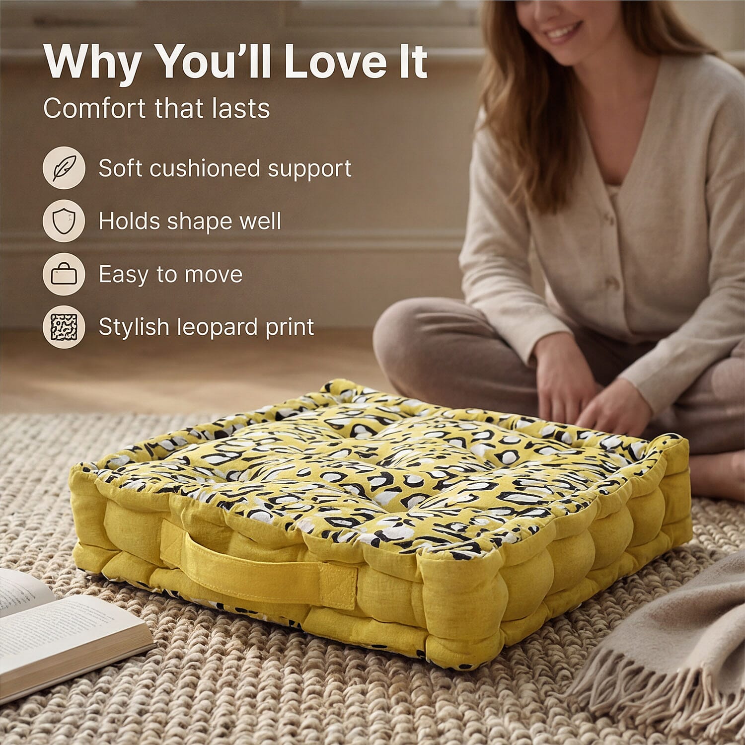 Bliss - Beyond Set of 2 Cotton Printed Floor Cushion (40x40x8 cm) - Yellow