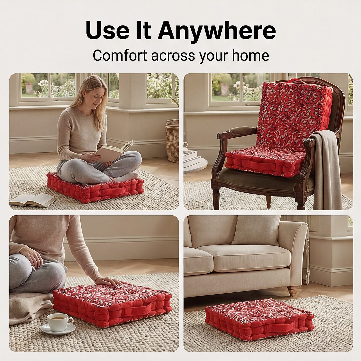 Bliss - Beyond Set of 2 Cotton Printed Floor Cushion (40x40x8 cm) - Red
