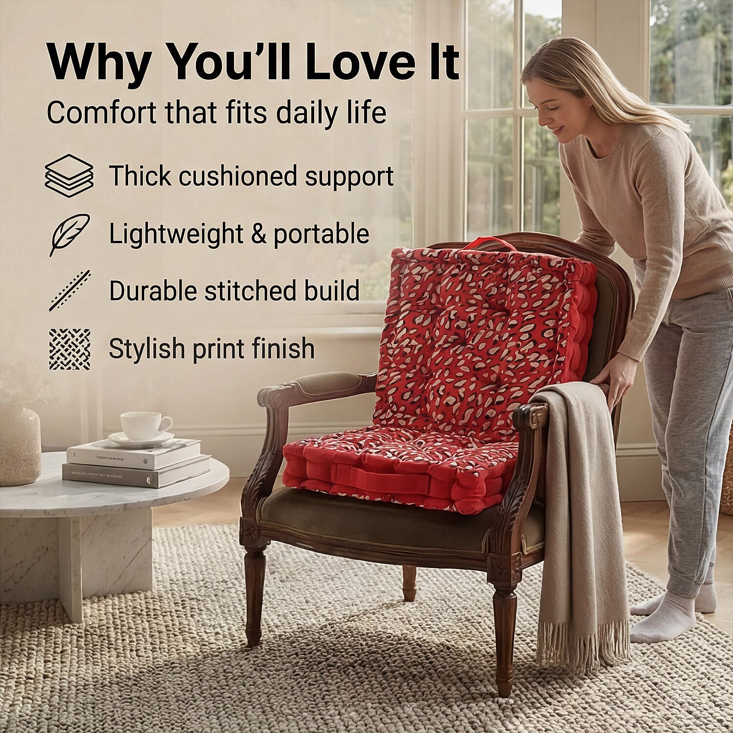 Bliss - Beyond Set of 2 Cotton Printed Floor Cushion (40x40x8 cm) - Red