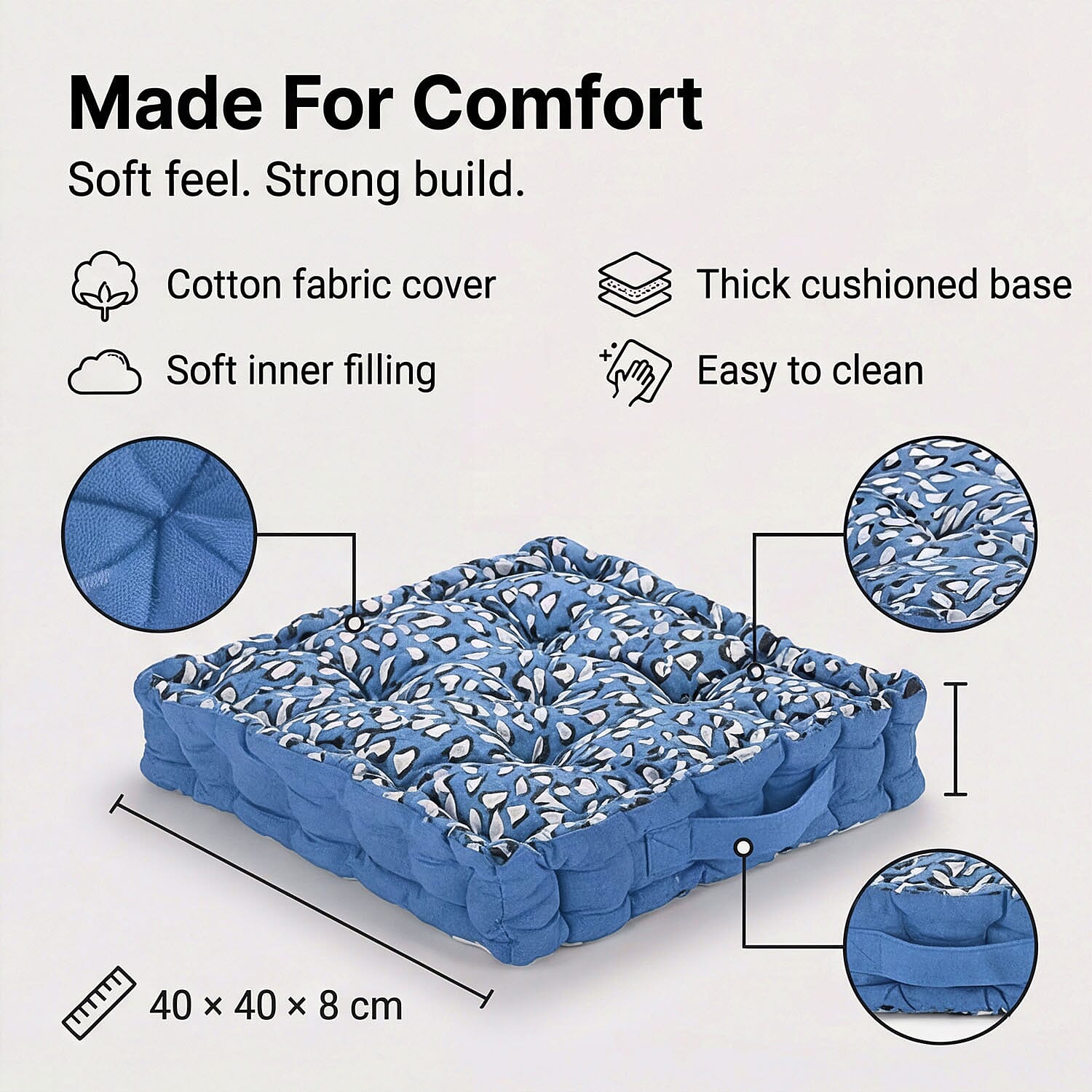 Bliss - Beyond Set of 2 Cotton Printed Floor Cushion (40x40x8 cm) - Blue