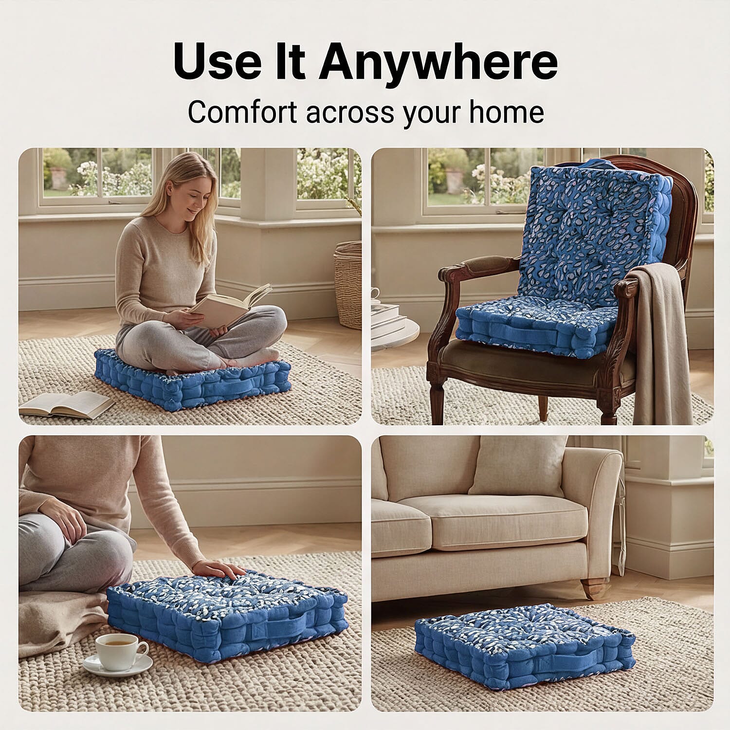 Bliss - Beyond Set of 2 Cotton Printed Floor Cushion (40x40x8 cm) - Blue