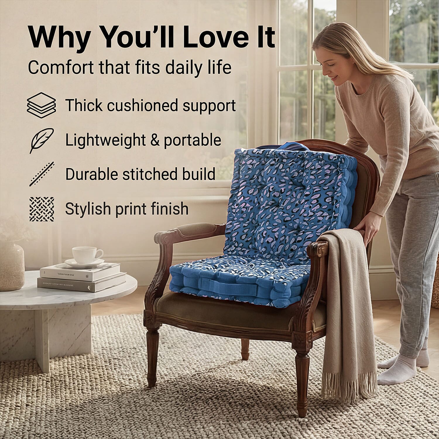 Bliss - Beyond Set of 2 Cotton Printed Floor Cushion (40x40x8 cm) - Blue