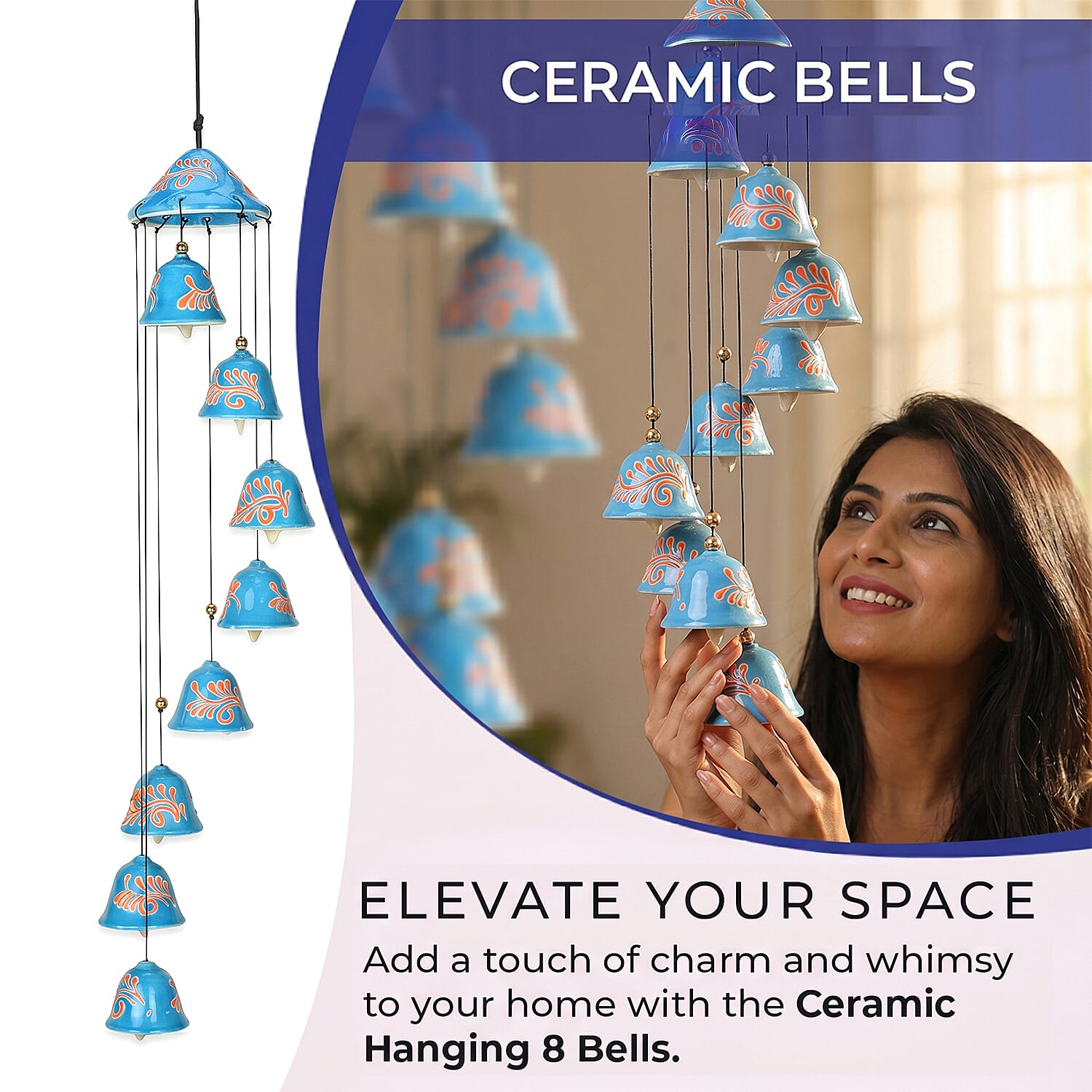 Multi-Tiered Decorative Ceramic Hanging Bells Wind Chime - Navy Blue