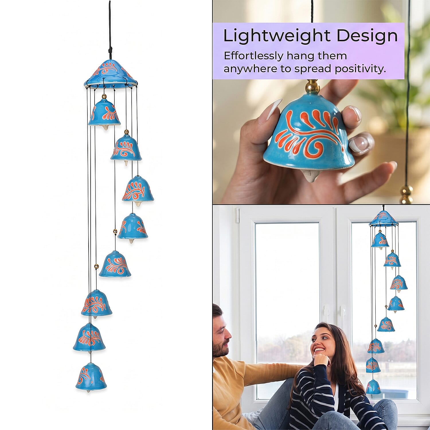 Multi-Tiered Decorative Ceramic Hanging Bells Wind Chime - Navy Blue