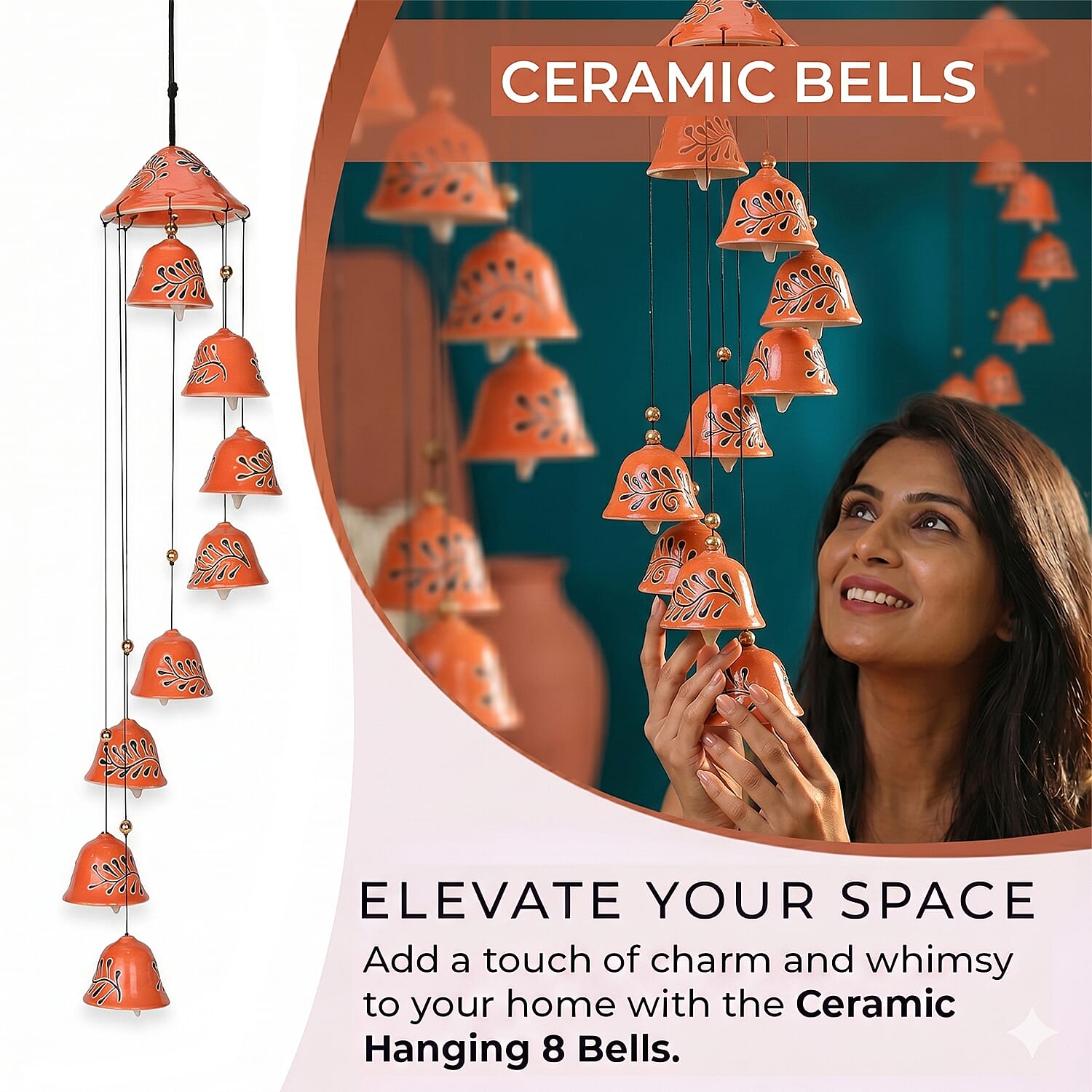 Multi-Tiered Decorative Ceramic Hanging Bells Wind Chime - Pink