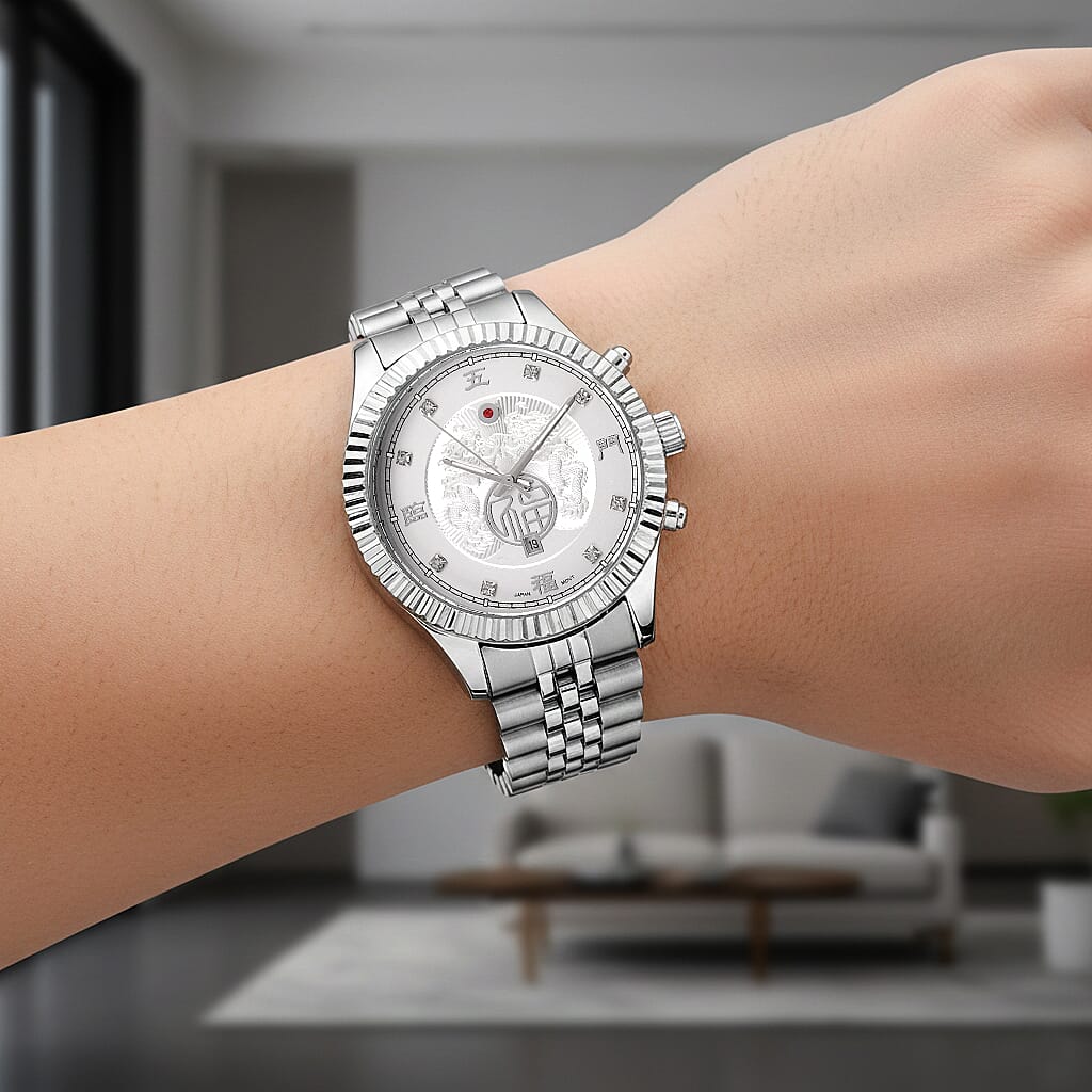 GENOA TIME V2 Miyota 2115 Quartz 3ATM WR Dragon Pattern & Crystal Dial & Silver Case Mens Watch with Silver Stainless Steel Strap