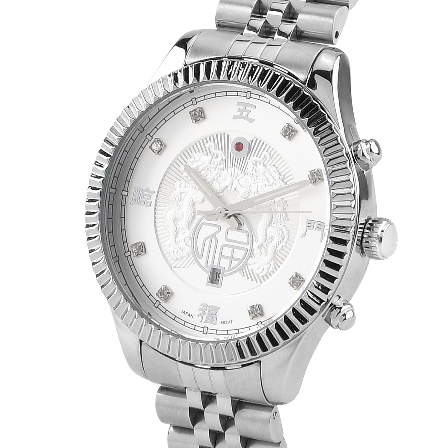 GENOA TIME V2 Miyota 2115 Quartz 3ATM WR Dragon Pattern & Crystal Dial & Silver Case Mens Watch with Silver Stainless Steel Strap