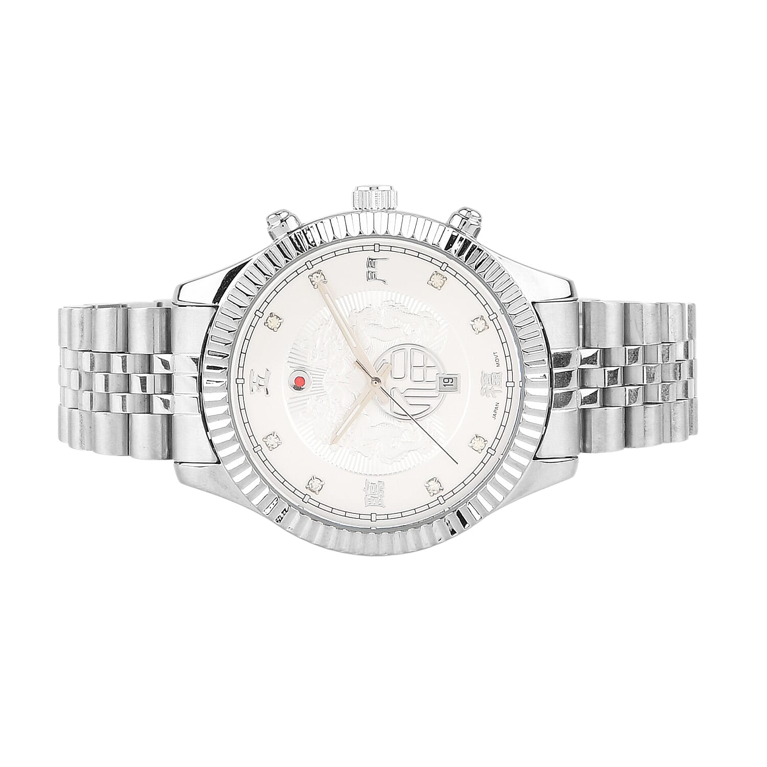 GENOA TIME V2 Miyota 2115 Quartz 3ATM WR Dragon Pattern & Crystal Dial & Silver Case Mens Watch with Silver Stainless Steel Strap