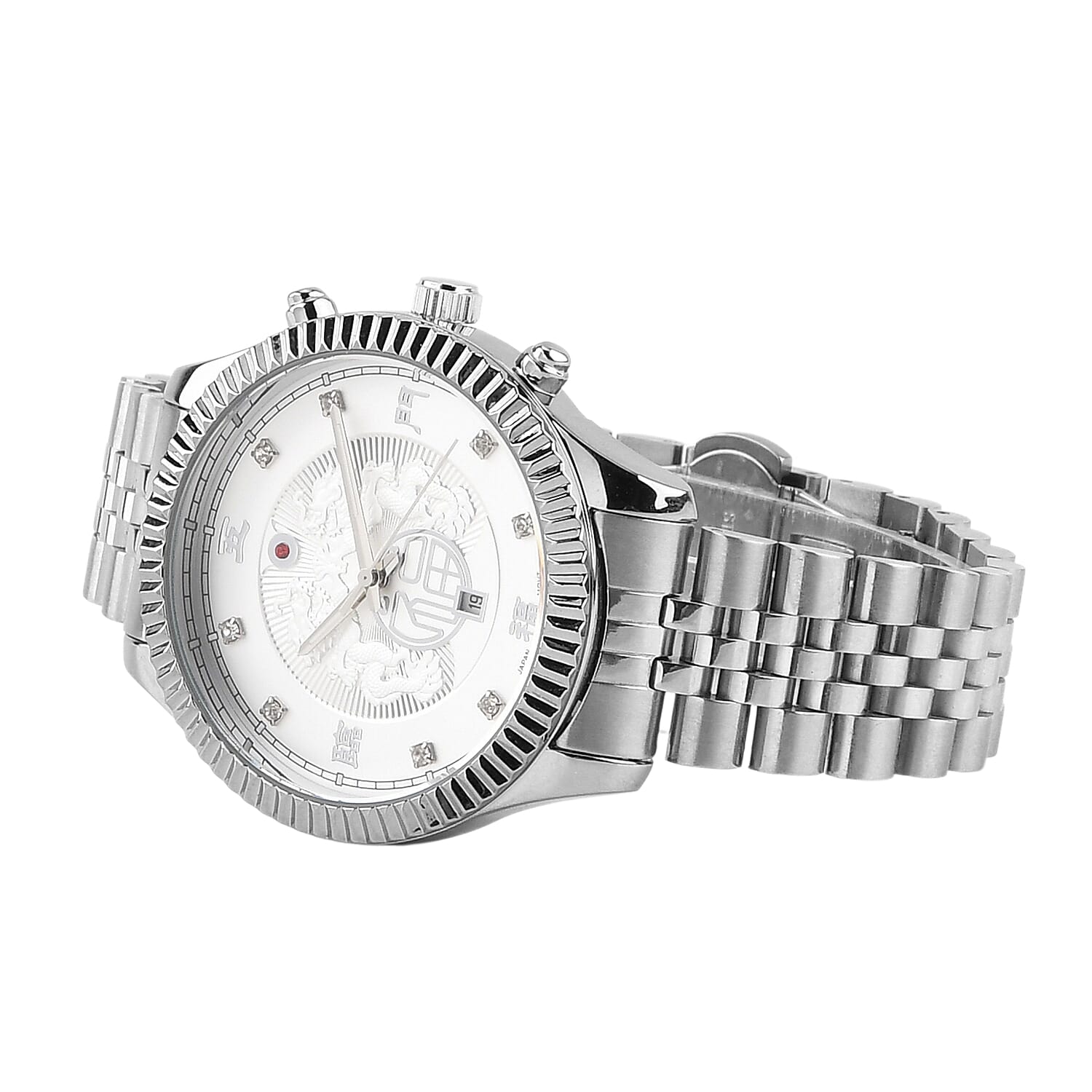 GENOA TIME V2 Miyota 2115 Quartz 3ATM WR Dragon Pattern & Crystal Dial & Silver Case Mens Watch with Silver Stainless Steel Strap