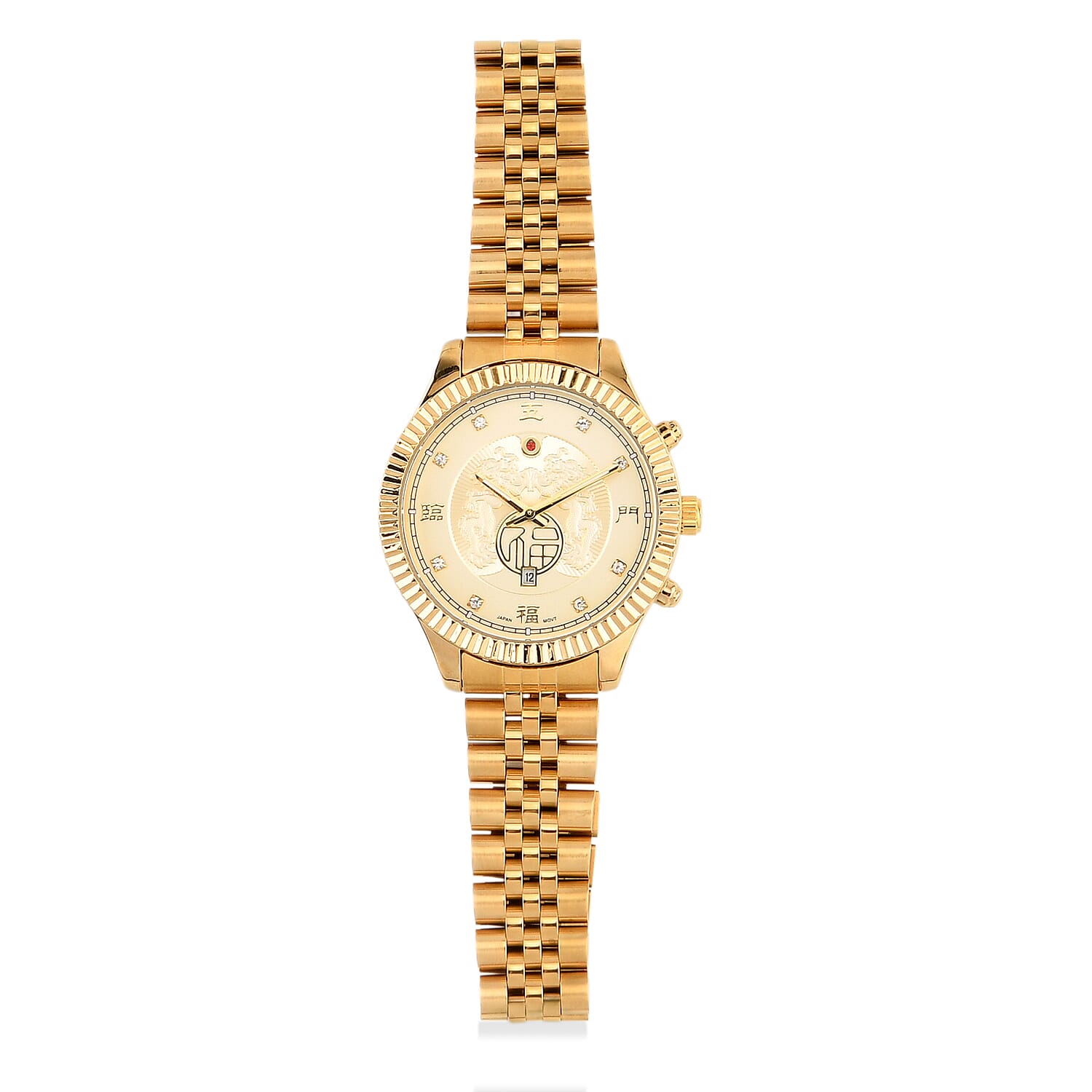 GENOA TIME V2 Miyota 2115 Quartz 3ATM WR Dragon Pattern & Crystal Dial & Gold Case Mens Watch with Gold Stainless Steel Strap