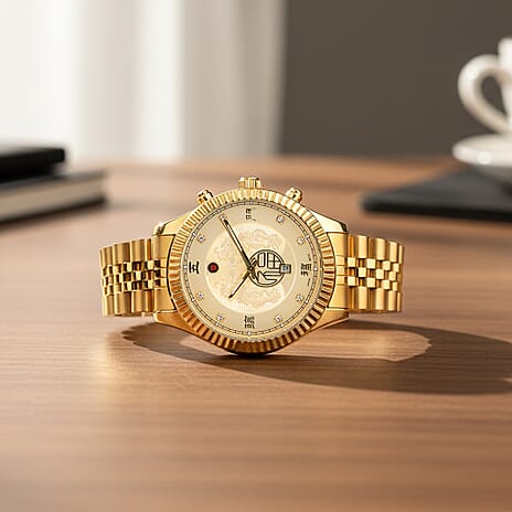 GENOA TIME V2 Miyota 2115 Quartz 3ATM WR Dragon Pattern & Crystal Dial & Gold Case Mens Watch with Gold Stainless Steel Strap