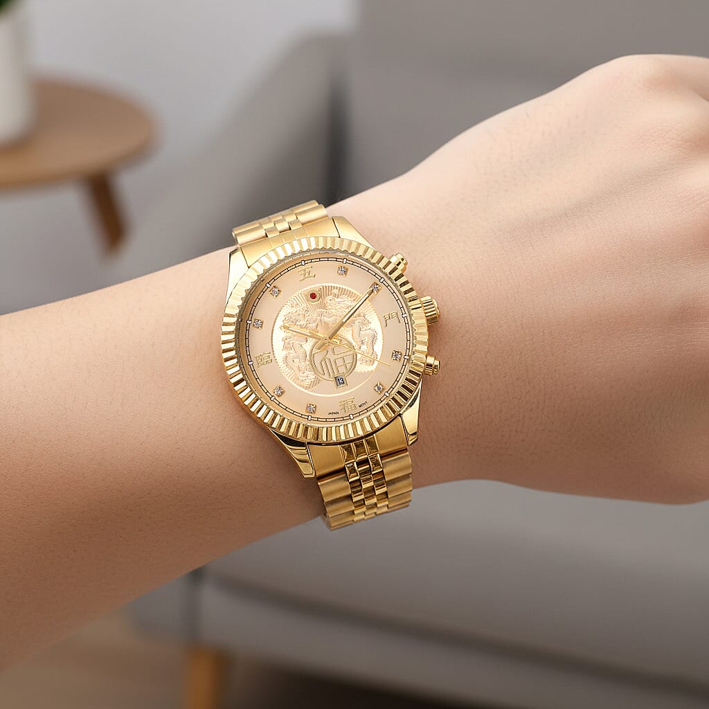 GENOA TIME V2 Miyota 2115 Quartz 3ATM WR Dragon Pattern & Crystal Dial & Gold Case Mens Watch with Gold Stainless Steel Strap