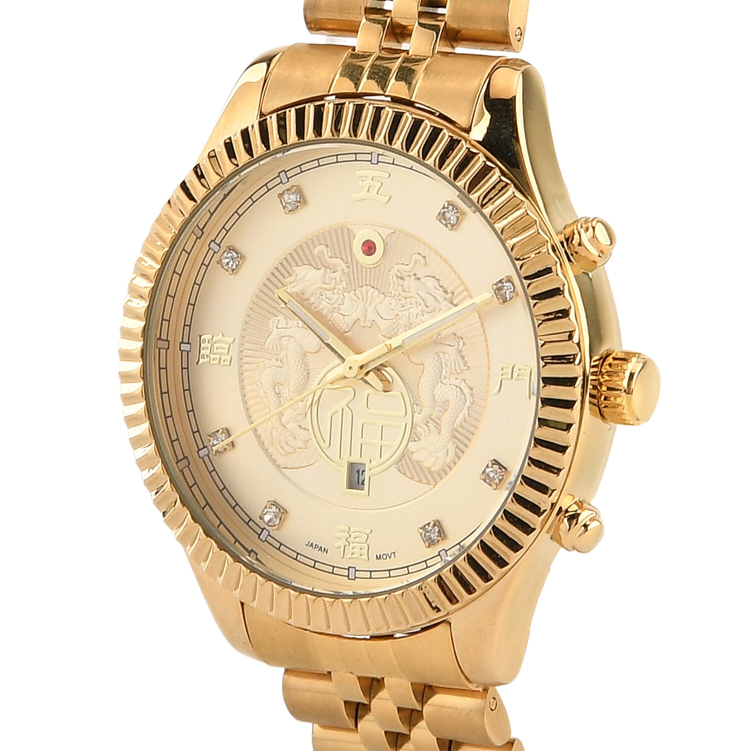 GENOA TIME V2 Miyota 2115 Quartz 3ATM WR Dragon Pattern & Crystal Dial & Gold Case Mens Watch with Gold Stainless Steel Strap