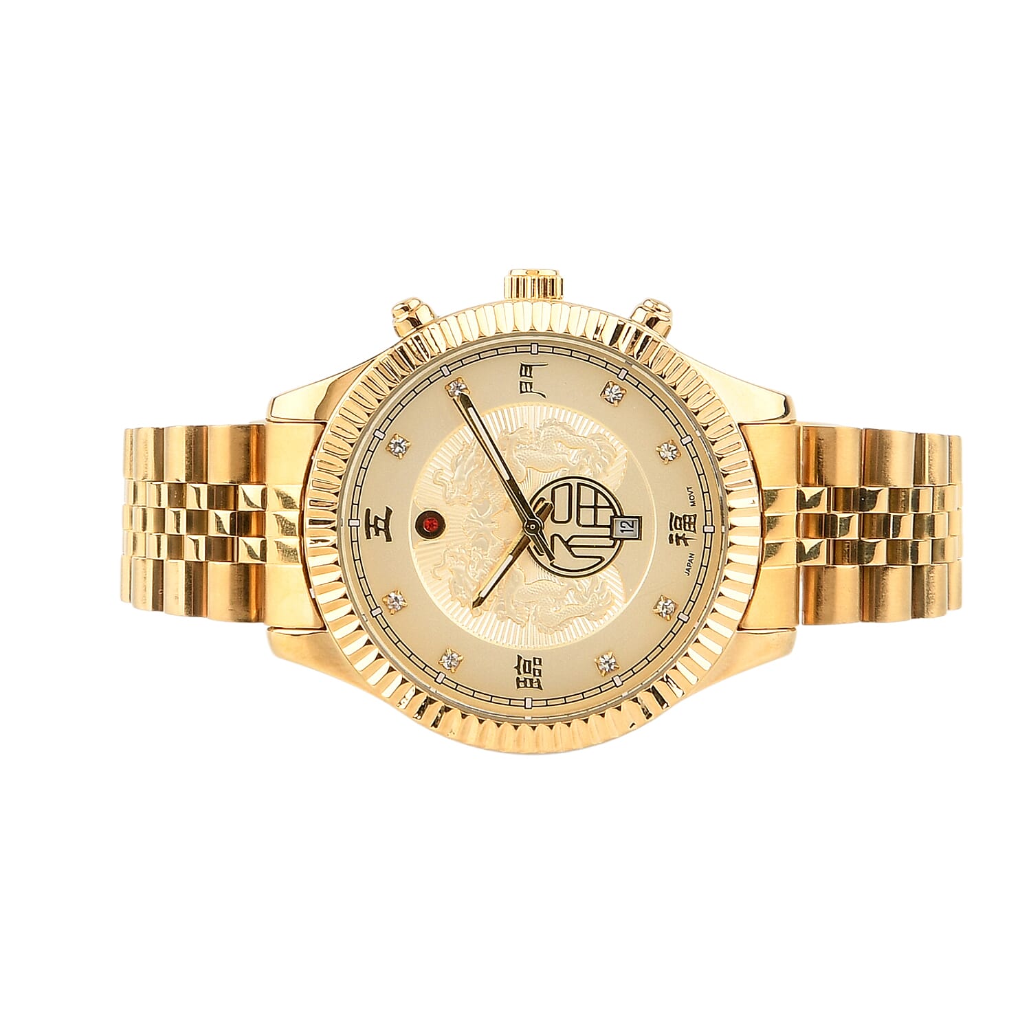 GENOA TIME V2 Miyota 2115 Quartz 3ATM WR Dragon Pattern & Crystal Dial & Gold Case Mens Watch with Gold Stainless Steel Strap