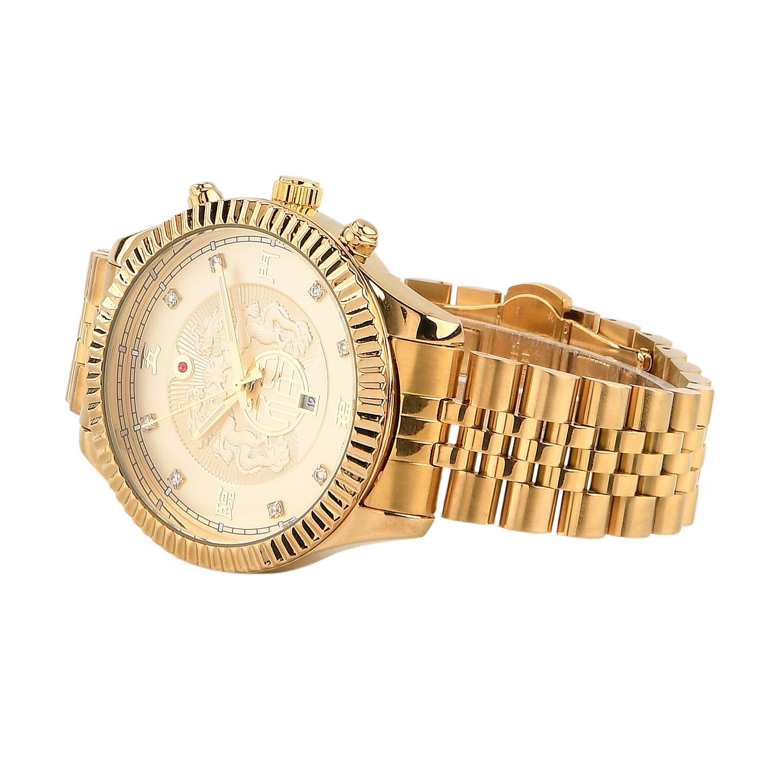 GENOA TIME V2 Miyota 2115 Quartz 3ATM WR Dragon Pattern & Crystal Dial & Gold Case Mens Watch with Gold Stainless Steel Strap