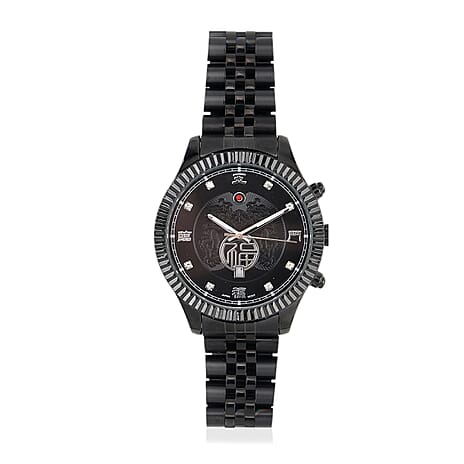 GENOA TIME V2 Miyota 2115 Quartz 3ATM WR Dragon Pattern & Crystal Dial & Black Case Mens Watch with Black Stainless Steel Strap